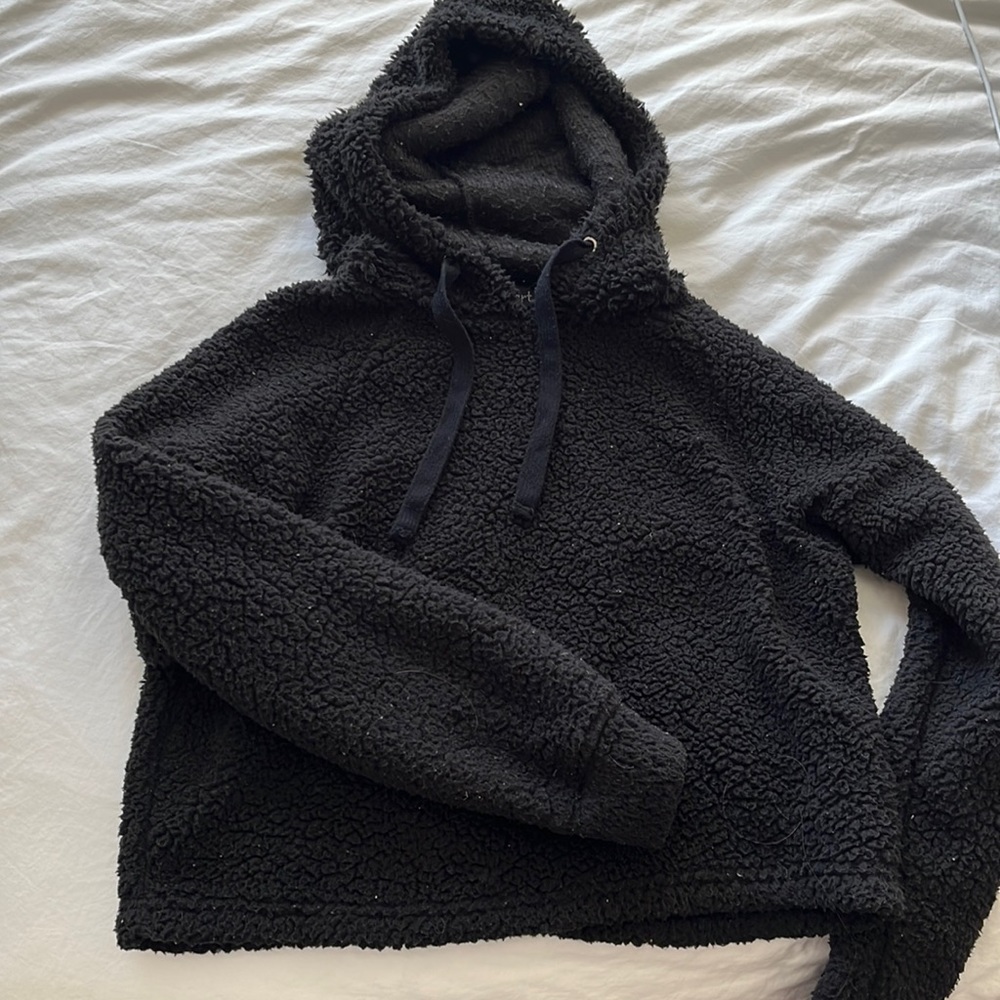Cropped Fuzzy Black Hooded Sweatshirt - size S - gently used